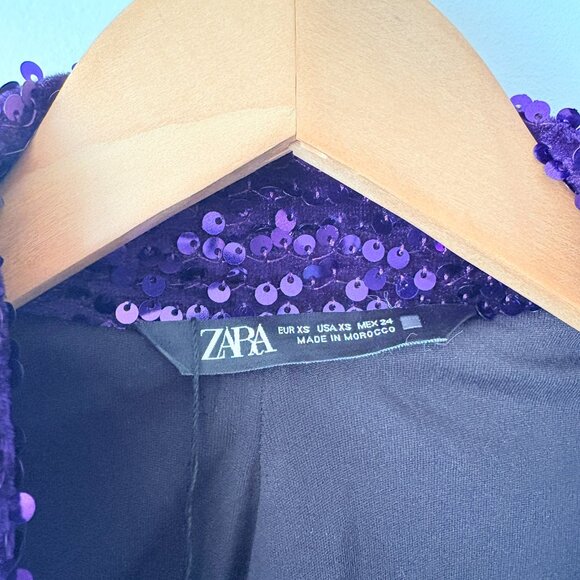 Zara Festive Sequin Blazer Dress Long Sleeve Collar Purple Blogger Fav Size XS - Picture 8 of 9